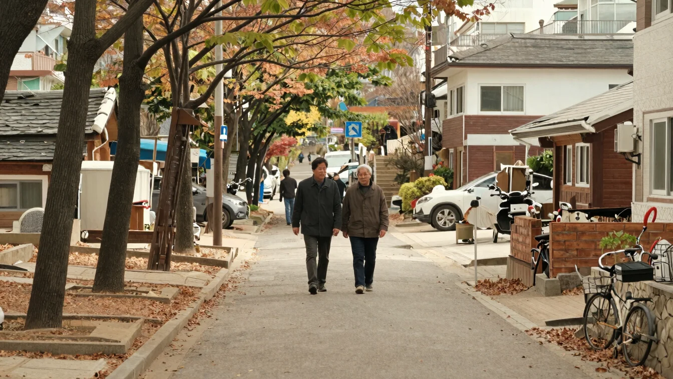 계절감 있는 한국 동네 공원 산책로를 걷는 중장년 독자, 나뭇잎 사이로 들어오는 부드러운 자연광, 넓은 생활 풍경