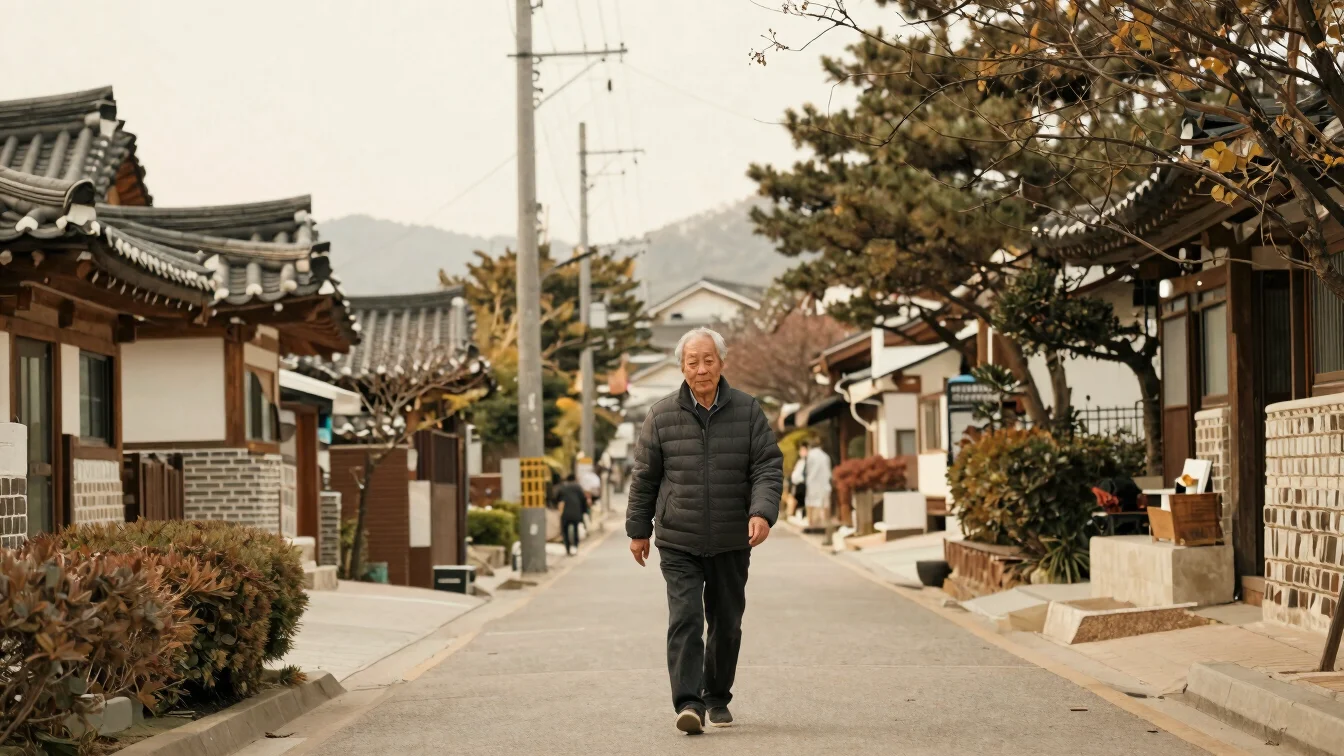 흐린 아침 가로수 길을 걷는 중장년