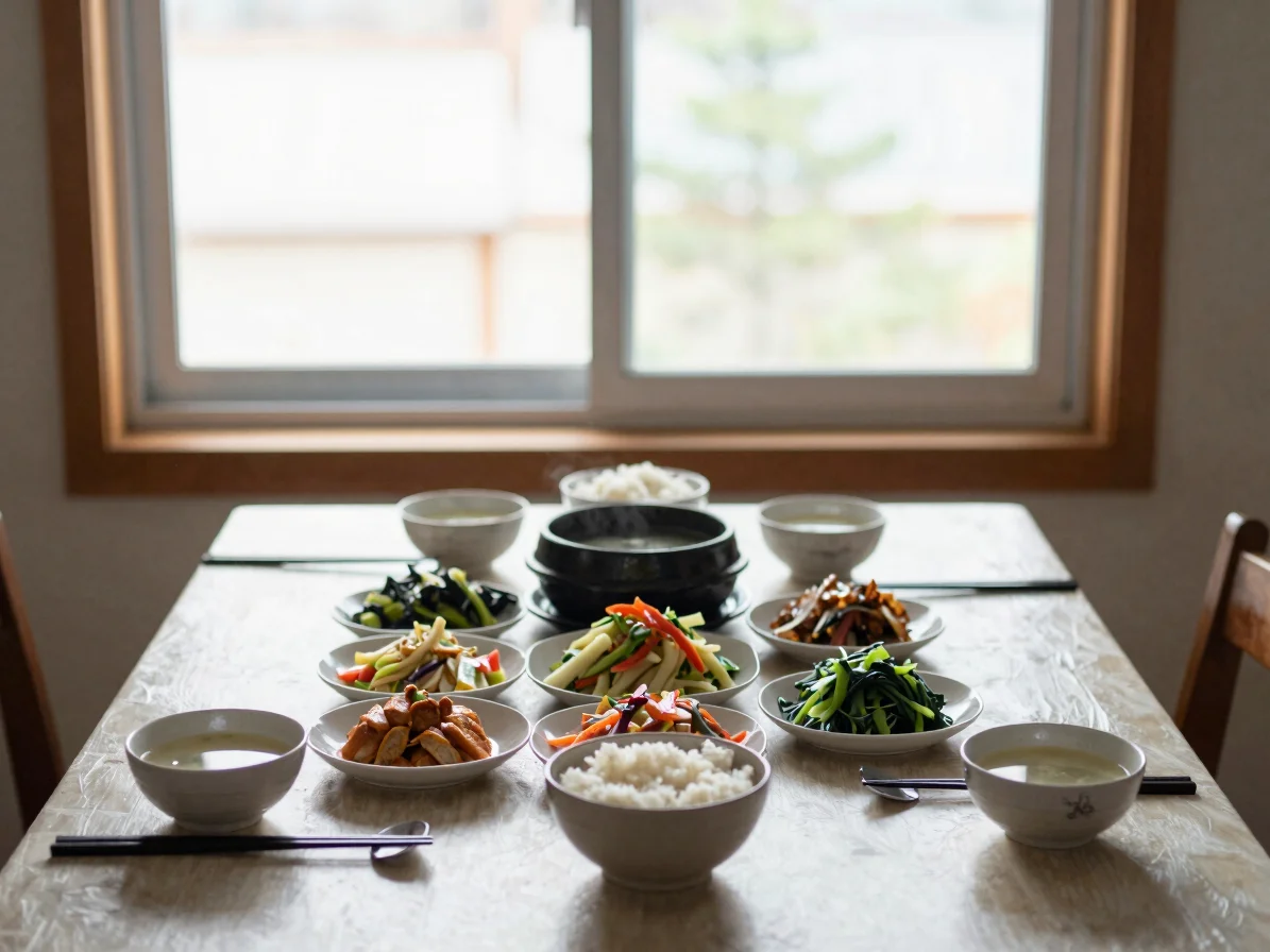 밥과 국, 제철 채소 반찬으로 차린 한식 밥상