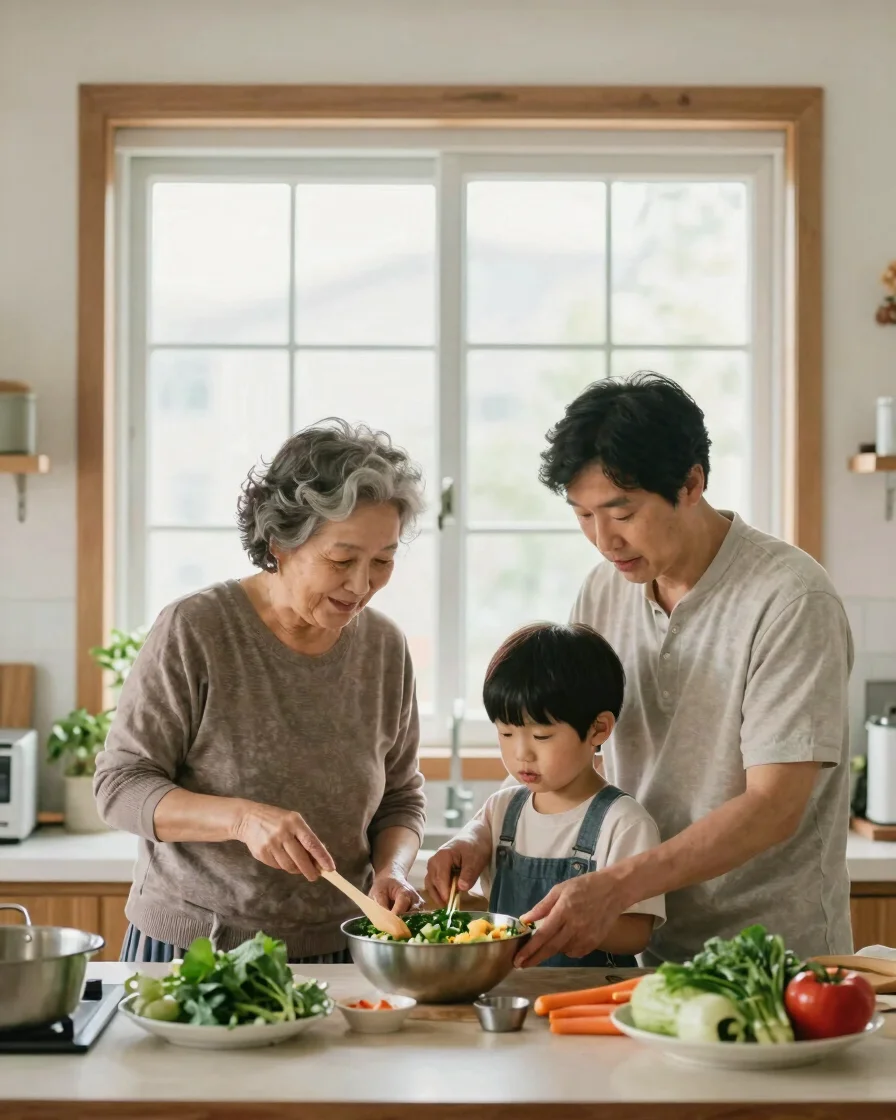 가족과 함께 채소 요리를 준비하는 중장년 부부