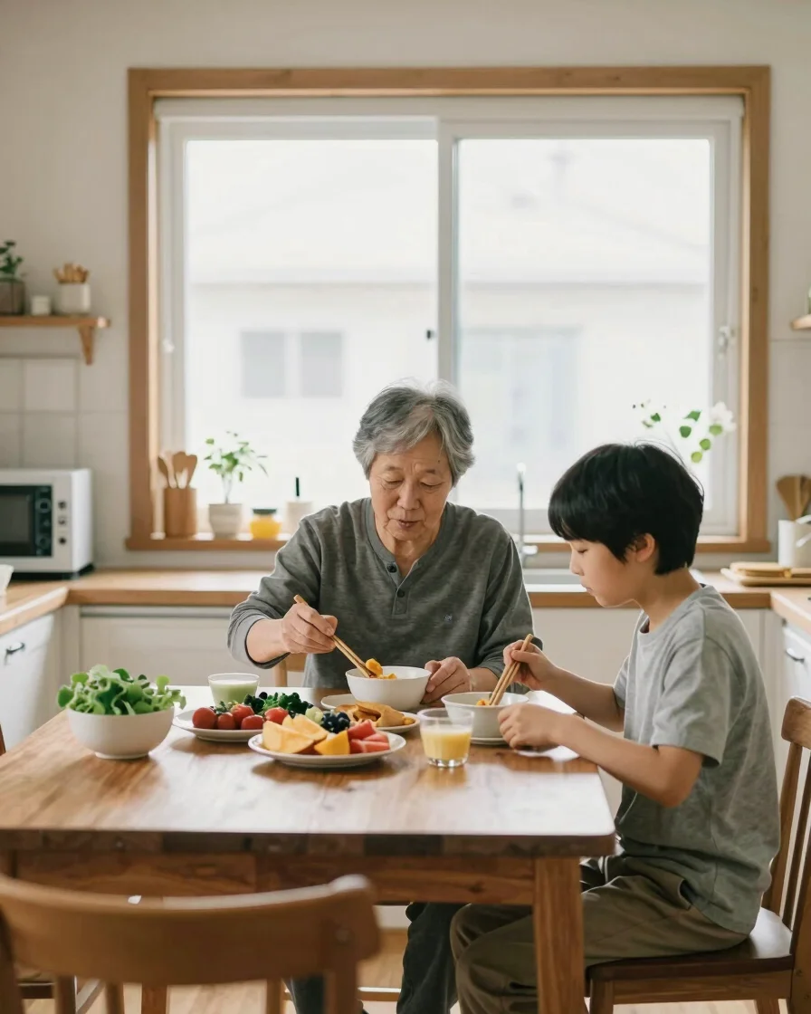 햇살이 드는 한국 가정집 거실의 중장년