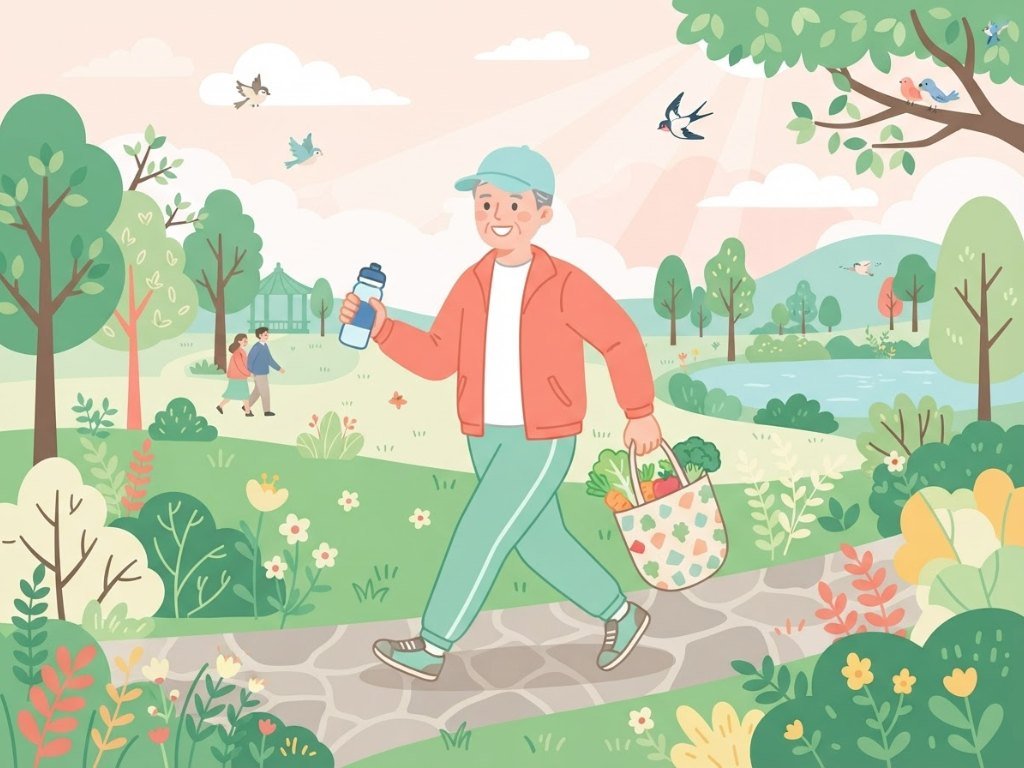 아침 공원을 걸으며 혈압 정상수치를 지키는 생활습관을 실천하는 60대 남성 일러스트